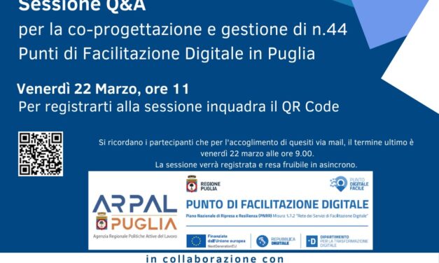 ARPAL e CSV della Puglia: venerdì 22 marzo, alle ore 11.00 incontro on line su Avviso “Punti di Facilitazione Digitale”